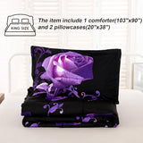 WONGS BEDDING Purple Comforter Set King, Reversible Purple Rose Pattern Bedding Comforter with 2 Pillowcases for All Seasons, Soft Microfiber Filling Bedding 103"x90" WONGS BEDDING