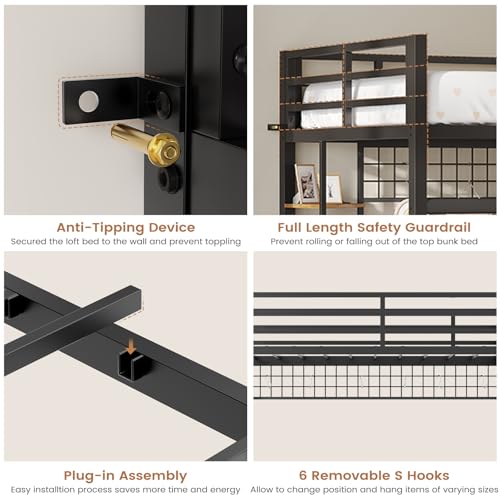 VIAGDO Loft Bed Twin Size with Hall Tree, Charging Station and LED Lights, Metal Loft Bed with L-Shaped Desk, 5 Storage Drawers, Heavy Duty Twin Size Bed with Stairs, No Box Spring Needed, Black VIAGDO