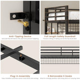 VIAGDO Loft Bed Twin Size with Hall Tree, Charging Station and LED Lights, Metal Loft Bed with L-Shaped Desk, 5 Storage Drawers, Heavy Duty Twin Size Bed with Stairs, No Box Spring Needed, Black VIAGDO