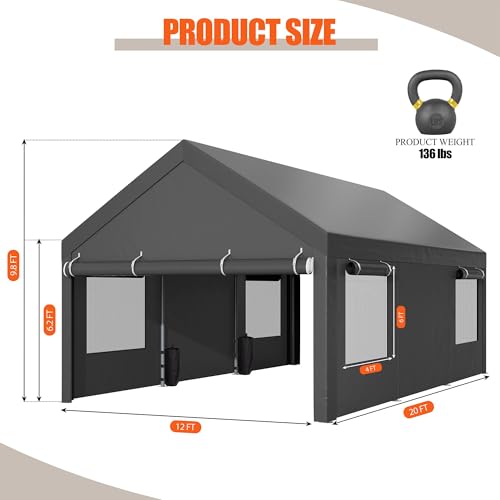 JAMFLY Carport, 12x20 ft Heavy Duty Carport with Roll-up Windows, Portable Garage with Removable Sidewalls & Doors, Car Canopy with Sandbags and All-Season Tarp for Car Boat Truck Motorcycle, Grey JAMFLY