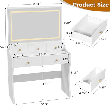 COMHOMA Vanity Desk with Mirror and Lights, Makeup Vanity Table and Chair Set with Drawers and Charging Station, Bedroom Dresser LED Mirror Stepless Dimmable & 3 Color Modes Adjustable, 5 Drawer/White COMHOMA