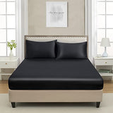 Full Silk Satin Fitted Sheet, Soft Deep Pocket Single Bottom Bed Sheets Sold Separately, Wrinkle Free, Non- Fading, Breathable, Fully Elasticized(Full Size, Black) Lanest Housing