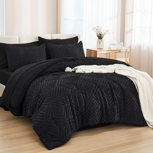Andency Queen Comforter Set 7 Piece Black - Bed in a Bag Queen Boho Lightweight Fluffy Tufted Bedding Sets with Comforter, Sheets, Pillowcases & Shams Andency