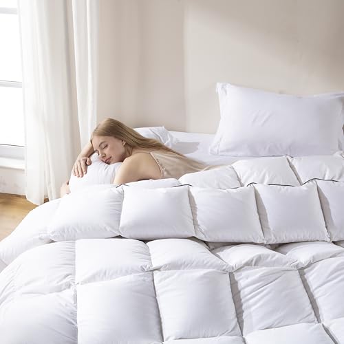 DOWNCOOL Feather Down Fiber Comforter Queen Size, 100% Cotton Ultra Soft Fluffy Duvet Insert Queen, All Season Luxurious Hotel Bedding Comforters with Corner Tabs, White 90"x90" DOWNCOOL