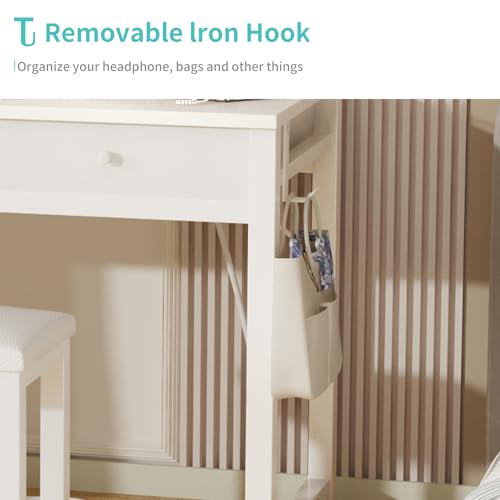 Lufeiya Small Makeup Vanity Desk with Fabric Drawers, 32 inch White Vanity Desks with Mirror and Light, Dressing Table and Chair Set with Power Outlet for Girls Bedroom, White Lufeiya