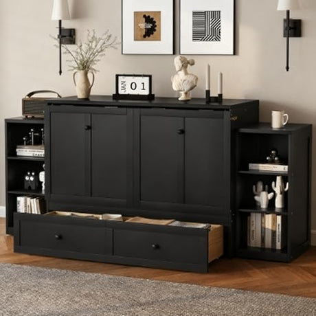 SOFTSEA Full Size Murphy Bed with Storage Drawers and Shelves, Folding Guest Bed Frame with Storage for Guest Bedroom, Living Room, Office,Hidden Wall Bed Frame, Vintage Dark Gray SOFTSEA
