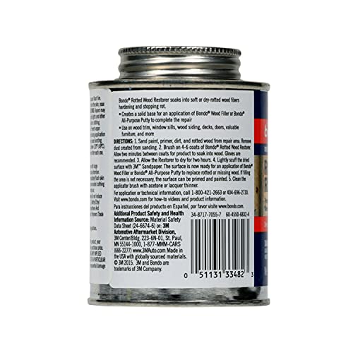 Bondo Rotted Wood Restorer, 8 fl oz., Penetrates into Spongy, Dry-rotted Wood Fibers Creating a Solid Surface, Dries clear and tack free, Water Resistant, Stainable and paintable (20131) bondo