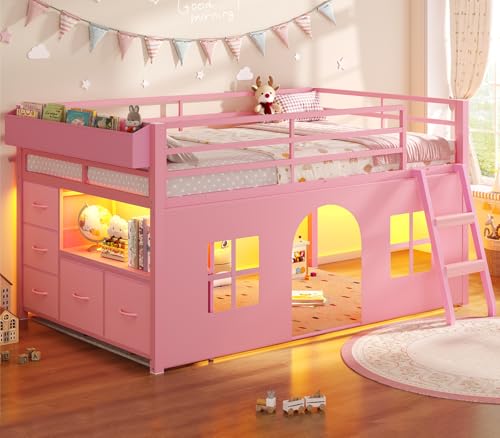 ADORNEVE Low Loft Bed Twin Size with Tent, 5 Storage Drawers, LED Lights, Metal Kids Loft Bed with Bookcase & Under-Bed Play Space,Twin Loft Beds with 13.8''H Safety Guardrail,Inclined Ladder, Pink ADORNEVE