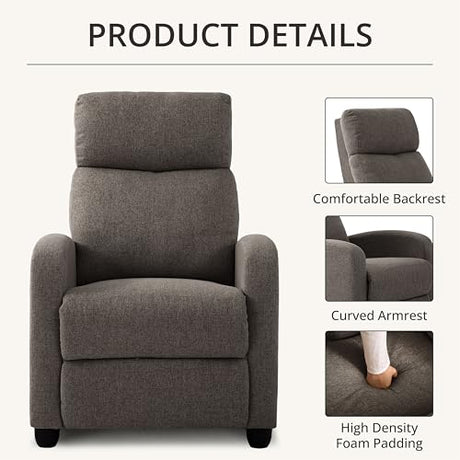 zzlay Recliner Chair for Living Room, Modern Adjustable Home Theater Seating Single Sofa Manual Push Back Armchair with Soft Linen Upholstery & High Backrest for Small Spaces, Linen-Gray zzlay