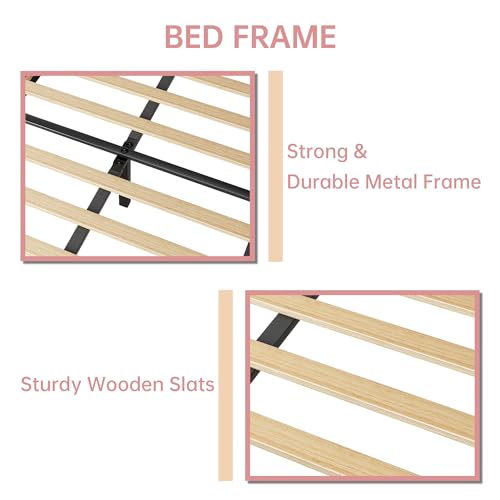 IDEALHOUSE Twin Bed Frame, Velvet Upholstered Platform Bed Frame with Height Adjustable Headboard for Boys & Girls, Wood Slat Support, Easy to Assemble, No Box Spring Needed, Light Pink IDEALHOUSE
