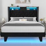 Otevehde LED Full Size Bed Frame with USB Charging Station, Velvet Upholstered Platform Bed Frames with Button Tufted Wingback Storage Headboard, Wooden Slats Support, No Box Spring Needed, Black Otevehde