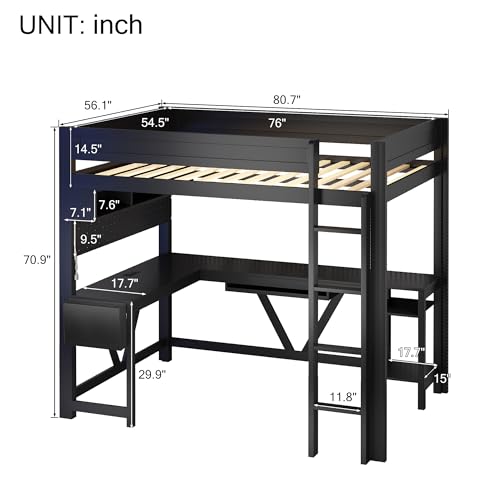 SOFTSEA Full Size Gaming Loft Bed with Desk, Wooden Loft Bed with LED Light and USB Ports, Wood Gaming Bed with Desk Underneath and Storage for Teens Adults, Black SOFTSEA