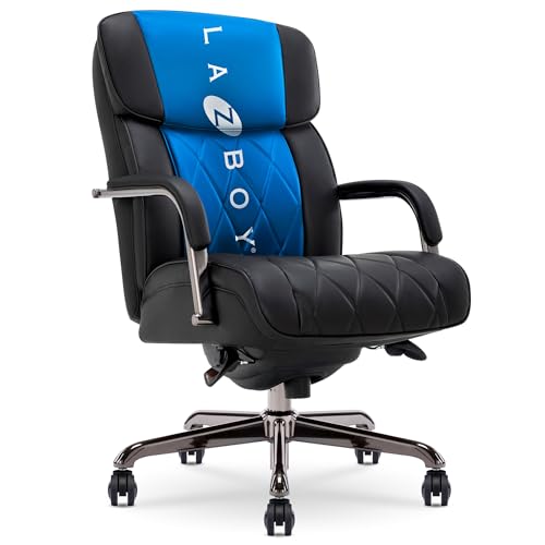La-Z-Boy Symphony Executive Mid-Back Office Chair, Diamond Quilt Seat and Back, Pocket Coil Cushion, Padded Armrests, Ergonomic Computer DeskChair, Swivel Metal Base, Bonded Leather, Black/Graphite La-Z-Boy