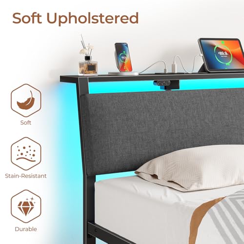 Rolanstar Twin Bed Frame with Ergonomic Headboard Storage & Charging Station, Upholstered Platform Bed with LED Light & Drawer, Heavy Duty Metal Slats, Noise Free, No Box Spring Needed, Grey Rolanstar