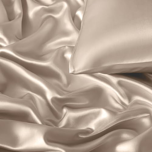 VACVELT 3-Piece Satin Fitted Sheet Set Queen Size, Beige Bottom Bed Sheet with 2 Pillowcases, Similar to Silk Sheets, Luxury & Silky Bedding Set, 15 Inch Deep Pocket VACVELT