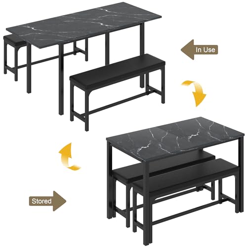 VECELO 3-Piece 63" Extendable Kitchen Table with Benches/Chairs, Modern Breakfast Dinette/Dining Room Set for 4/6/2, Small Space Saving Design, Easy Assembly VECELO