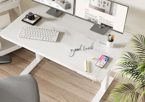Claiks Glass Standing Desk with Drawers, 48×24 Inch Adjustable Stand Up Desk, Quick Install Home Office Computer Desk with USB Ports, White Claiks