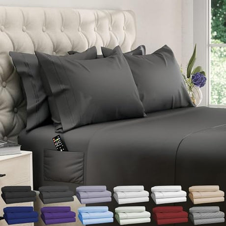 DREAMCARE King Size Sheets Set – 6 pcs Cooling Bed Sheets – up to 21” Deep Pocket King Sheet Set - 2500 Supreme Collection – Extra Soft 100% Brushed Microfiber Hotel Luxury with Side Pocket - Gray DREAMCARE