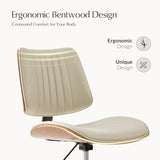 HULALA HOME Faux Leather Home Office Chair with Solid Wood Legs, 360° Swivel Desk Chair No Wheels with Bentwood Design, Mid-Century Modern Wide Seat Computer Task Chair, Ivory HULALA HOME