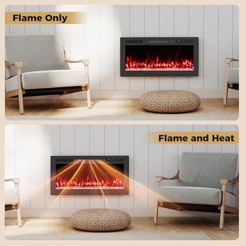 GOFLAME 36 Inch Smart WiFi Electric Fireplace, Compatible with Alexa & Google Assistant, Wall Mounted & Recessed, 750W/1500W Heater with Remote/APP Control, 12 Flame & Ember Bed Colors, 12H Timer GOFLAME