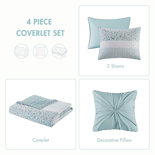 Madison Park Queen Quilt Set, Seersucker Floral Coverlet, All Season Lightweight Microfiber Bedding Quilt Set, Vermicelli Quilting Design, Throw Pillow, Caralie, Full/Queen Aqua 4 Piece Madison Park