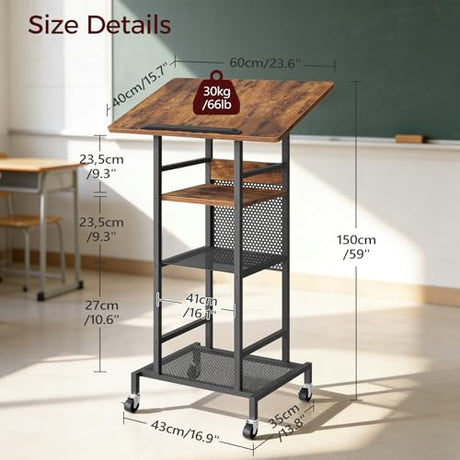 MAHANCRIS Podium Stand with Locking Wheels, 4-Tier Mobile Lectern with Storage Shelves and Non-Slip Lip, for Classroom, Church, Conference Standing Desk, Rustic Brown and Black LPHR6001 MAHANCRIS