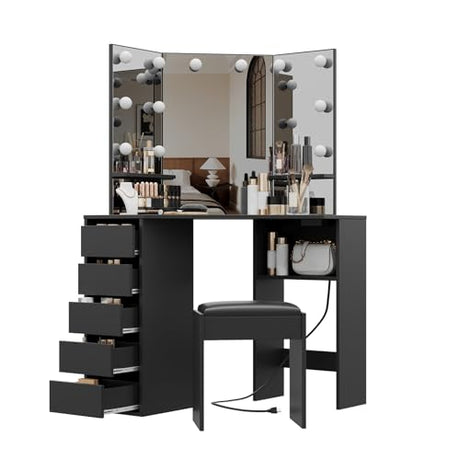 MilleLoom Corner Vanity Desk with Mirror and Led Lights - Makeup Table with 5 Drawers, Shelves, and Vanity Stool - Perfect for Bedroom or Bathroom, Black MilleLoom
