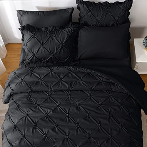 JOLLYVOGUE Black Twin Size Comforter Sets 5 Pieces, Pintuck Bed in a Bag Comforter Set for Bedroom, Bedding Comforter Sets with Comforter, Sheets,Ruffled Shams & Pillowcases JOLLYVOGUE
