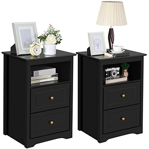 Yaheetech Nightstand Set of 2, Wooden Bedside Tables with 2 Drawer and Cubby, 2Pcs Tall Nightstand for Bedroom Small Space, Bedside Cabinet Telephone Table, 19″ L × 16″ W × 29″ H, Black Yaheetech