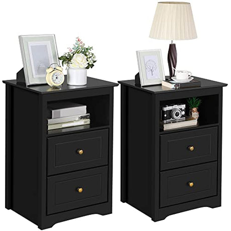 Yaheetech Nightstand Set of 2, Wooden Bedside Tables with 2 Drawer and Cubby, 2Pcs Tall Nightstand for Bedroom Small Space, Bedside Cabinet Telephone Table, 19″ L × 16″ W × 29″ H, Black Yaheetech