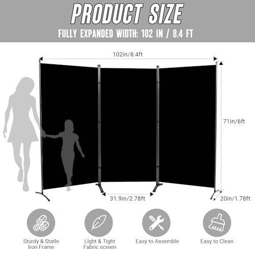 JVVMNJLK Indoor Room Divider, Portable Office Divider, Room Divider Wall Screen 3 Panel, Folding Partition Privacy Screen Walls Dividers for Room Separator 102" W x 71.3" H,Black JVVMNJLK