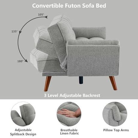 Betoko Convertible Futon Sofa Bed Sleeper Twin Size, Modern Reclining Linen Split Back Sofa Couch with Pillow Top Arm for Compact Living Room,Apartment (Grey) Betoko