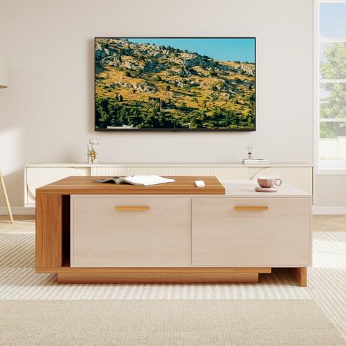 Aivermeil 42"- 65" Extendable Coffee Table with Storage, Reversible Wood Coffee Table with 2 Drawers, Two-Tone Large Adjustable Center Table for Living Room, Office (Walnut B) Aivermeil