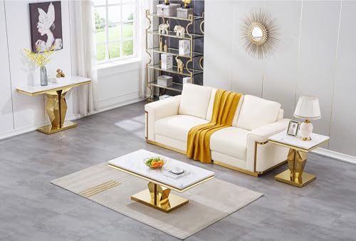 Faux Marble Console Table, 47" Entryway Tables Narrow Entry Table with 0.71" Thick Marble Tabletop and Gold Stainless Steel Base, Luxury Modern Cocktail Center Table for Office Living Room Kootlena