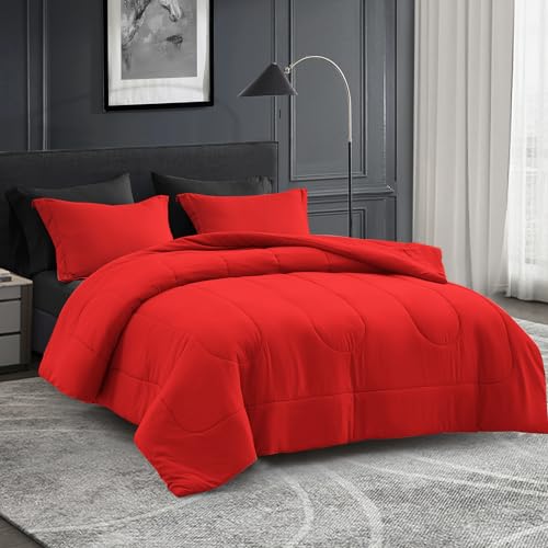 Maple&Stone Twin Comforter Set 5 Pieces Bed in a Bag - Down Alternative Bed Set with Sheets, Pillowcase & Sham, Soft Reversible Duvet Insert for Twin Bed, Black and Red Maple&Stone