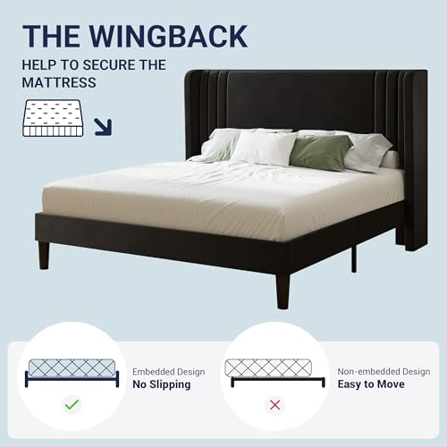 Allewie Full Size Velvet Platform Bed Frame with Vertical Tufted Wingback Headboard, Easy Assembly, Under Bed Storage, No Box Spring Required, Modern Style, Black Allewie