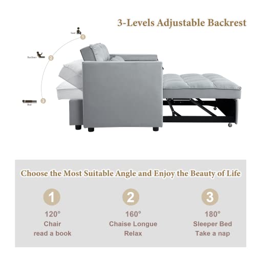 Convertible Sofa Bed, 3-in-1 Multi-Functional Velvet Sleeper Couch Pull-Out Bed, 48'' Loveseat Chaise Lounge with Adjustable Backrest and Pillows, Hidden Side Table for Living Room, Small Space ORRD