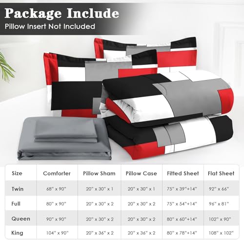 WeCozy 7 Pcs Queen Size Comforter Set with 2 Pillowcases & 2 Shams, Red and Black Geometric Bedding for Kids and Adults, Abstract Gray Bed in a Bag with Flat Fitted Sheet WeCozy