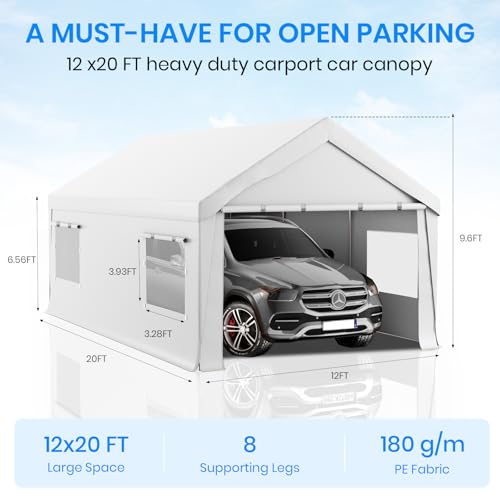 Bezseller 12x20 FT Heavy Duty Carport Canopy with Roll-Up Windows & Doors, Car Tent Portable Garage with All-Season Tarp for Cars, Boat, Trucks, White Bezseller