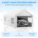 Bezseller 12x20 FT Heavy Duty Carport Canopy with Roll-Up Windows & Doors, Car Tent Portable Garage with All-Season Tarp for Cars, Boat, Trucks, White Bezseller