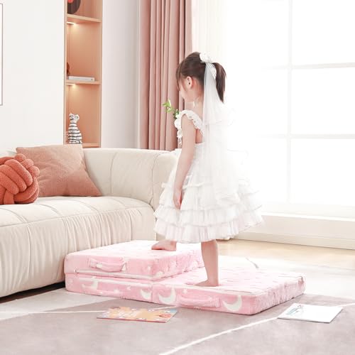 Givjoy Foldable Floor Mattress for Kids, Glow in The Dark Pink Moon Toddler Washable Tri Folding Floor Mat for Nap Daycare, Child Trifold Futon Sofa Bed with Storage Bag for Playroom Girls and Boys Givjoy