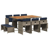 vidaXL 11-Piece Patio Dining Set with Cushions – PE Rattan, Powder-Coated Steel, Acacia Wood, Navy Blue Cushions, Gray/Brown, Space-Saving for Outdoor, Garden, Backyard Use vidaXL