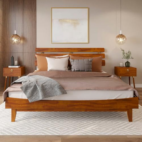 Bme Caden 15 Inch King Bed Frame with Adjustable Caramel Wood Headboard - Mid Century Retro Design, No Box Spring Required Bme