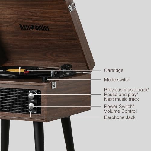RETROSPILER Turntable with Stand, 3 Speed Record Player with Built-in Speakers and Removable Legs, Bluetooth USB Recorder Aux-in, Wood (Espresso) Retrospiler