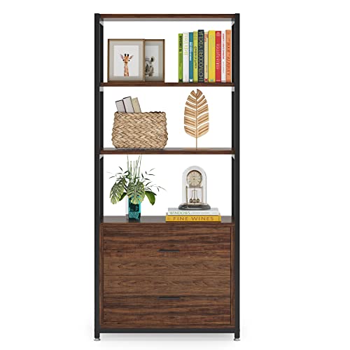 Tribesigns Rustic 4-Tier Bookcase with 2 Storage Drawers for Home Office - WoodArtSupply