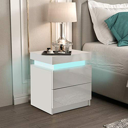 CLIPOP Modern Nightstand, LED Night Stand with 2 High Gloss Chest of Drawers, Bedside Table Cabinet with Remote Control Light, Wood Matte Nightstand 20.6" Tall Bedroom Furniture, White - WoodArtSupply