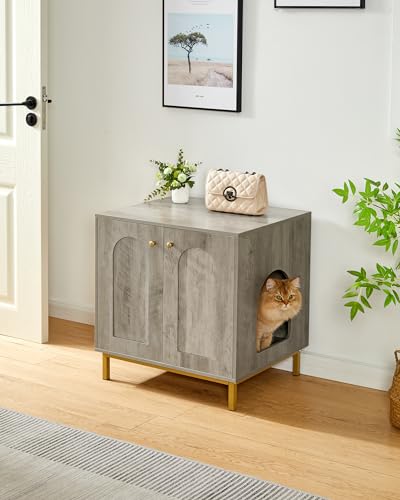 Hzuaneri Cat Litter Box Enclosure, Hidden Litter Box Furniture, Wooden Pet House Side End Table, Storage Cabinet Bench, Fit Most Cat and Litter Box, Living Room, Bedroom, Greige and Gold CB81205G