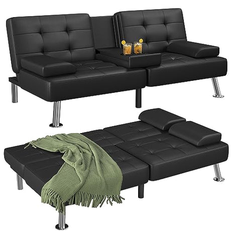 Flamaker Futon Sofa Bed Modern Folding Futon Set Convertible Recliner Lounge for Living Room with 2 Cup Holders, Removable Armrests (PU Leather, Black) Flamaker