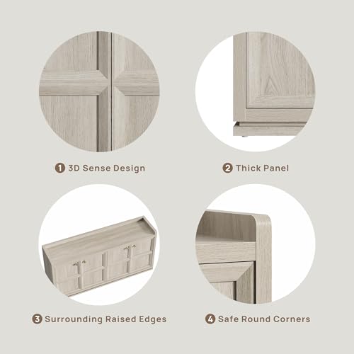 SICOTAS 4-Door Buffet Cabinet for Living Room - 61.7" Extra Long Sideboard with Storage & Adjustable Shelves Modern Credenza Accent Coffee Bar Storage Cabinet for Kitchen, Hallway, White Oak, 1 PCS SICOTAS