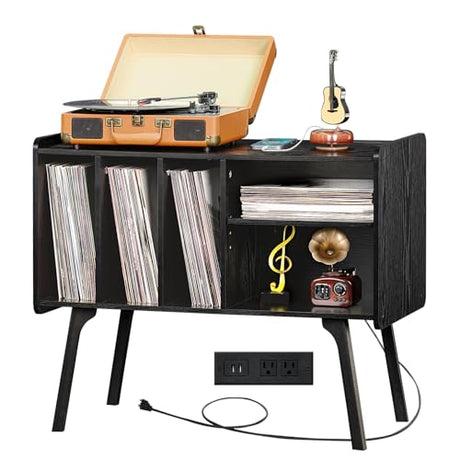 Lerliuo Record Player Stand with Charging Station Holds Up to 220 Albums, Large Turntable Stand with 4 Cabinet, Mid-Century Record Player Table,Black Vinyl Holder Storage Shelf for Bedroom Living Room Lerliuo